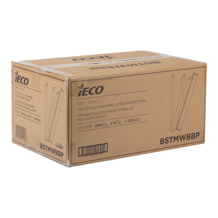 IECO 8" Individually Wrapped Jumbo Paper Straws 6 Packs of 200