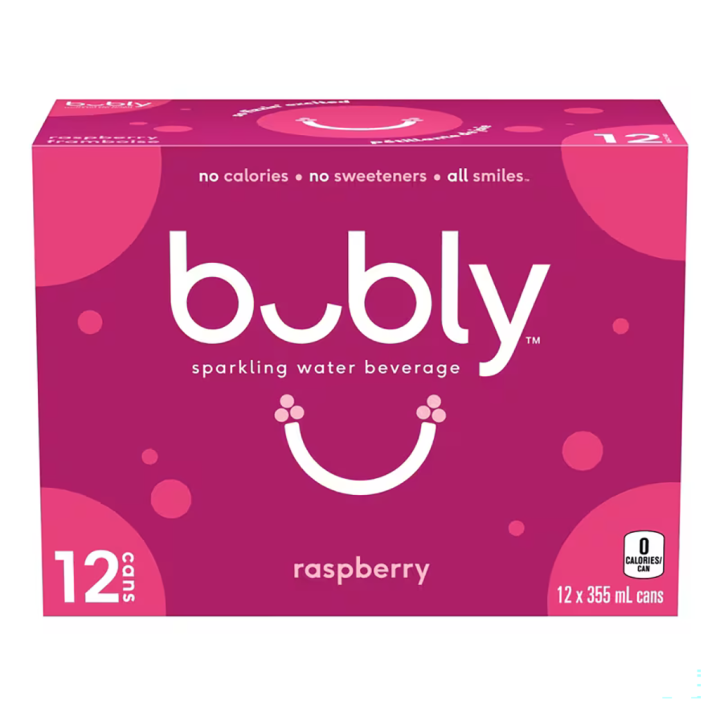 Bubly Raspberry Sparkling Water 355 mL cans, pack of 12
