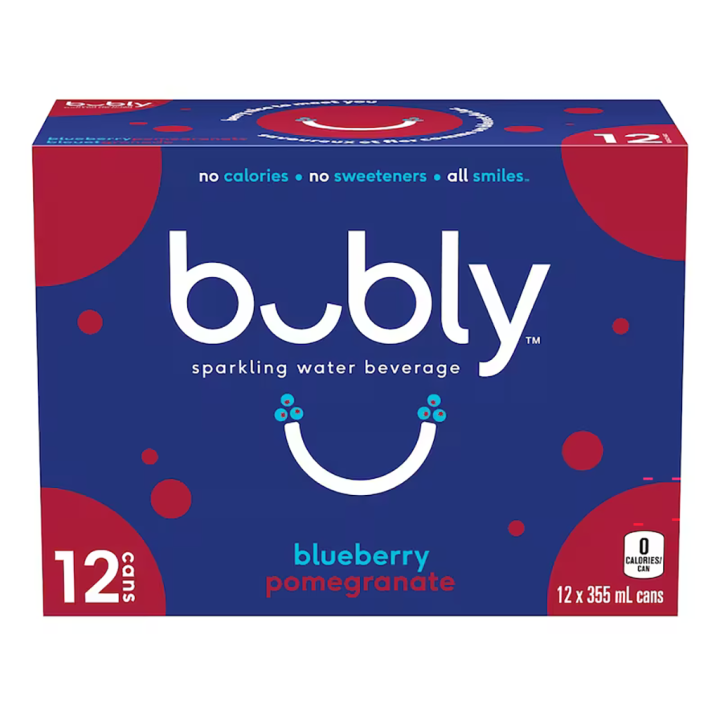 Bubly Blueberry Pomegranate Sparkling Water 355 mL cans, pack of 12