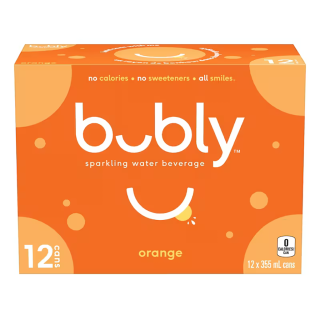 Bubly Orange Sparkling Water 355 mL cans, pack of 12